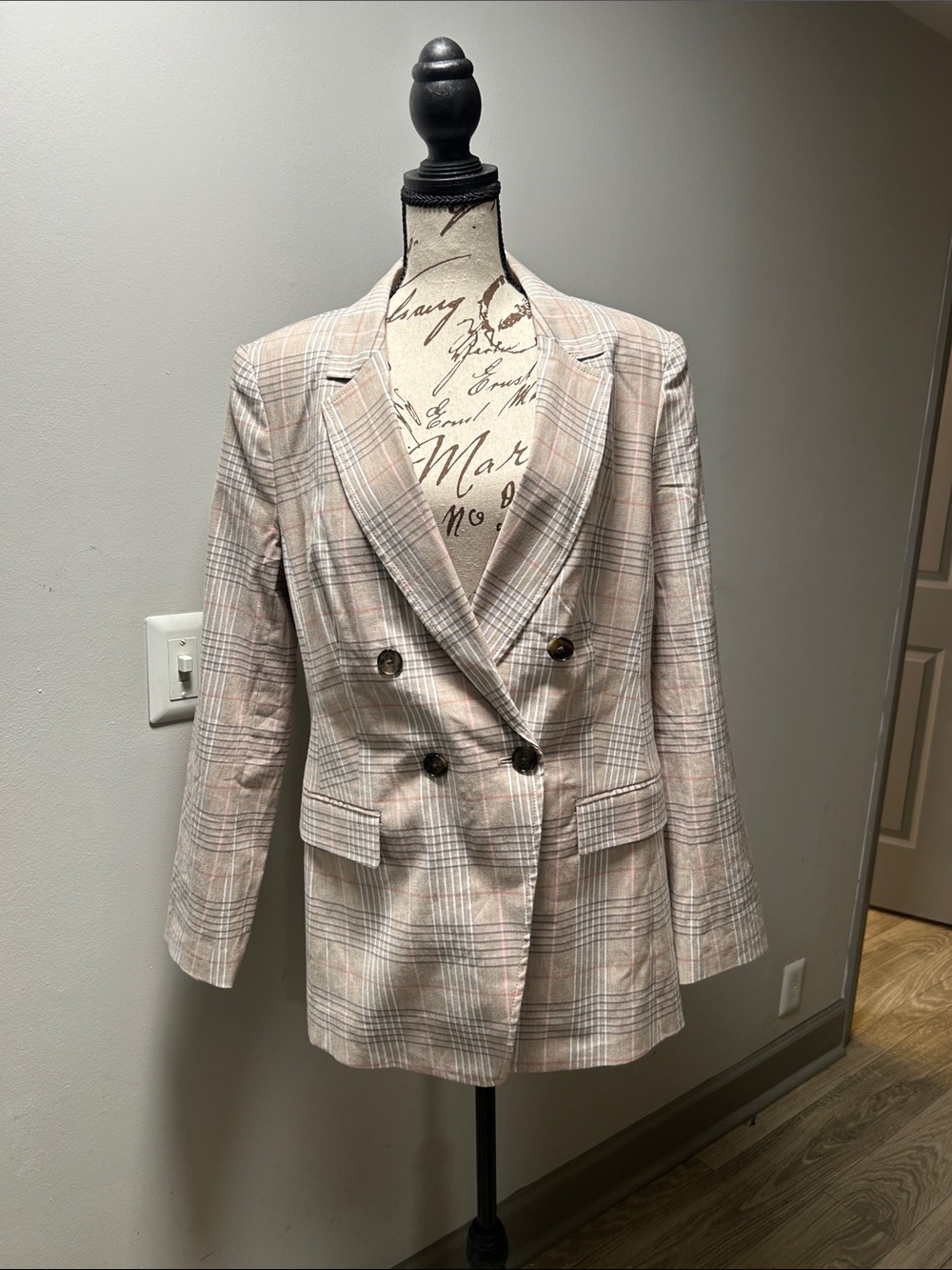 Banana Republic Double-Breasted Plaid Blazer in Blush and Gray